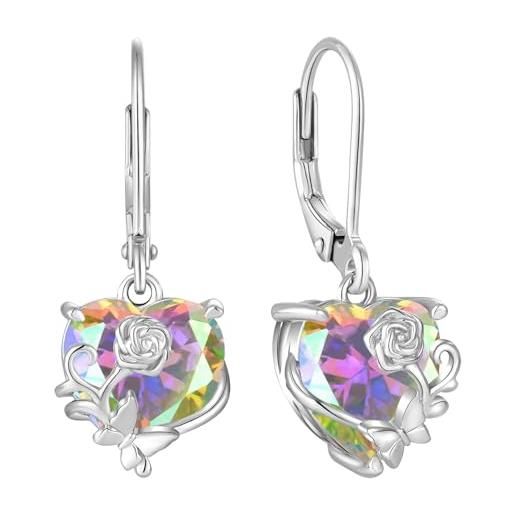 YL orecchini cuore rosa farfalla in argento 925 con orecchini da donna mamma con arcobaleno bianco zirconia cubica
