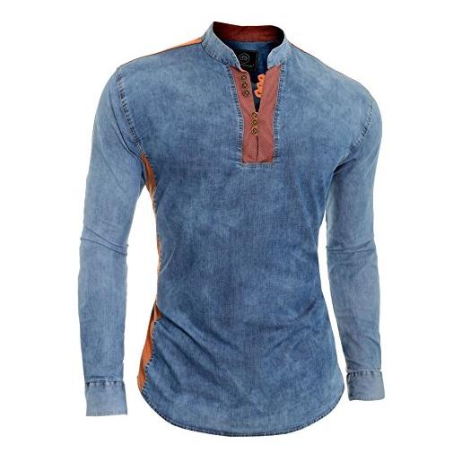 D&R Fashion camicia in denim blu da uomo v-collo colletto alla coreana toppa sui gomiti m