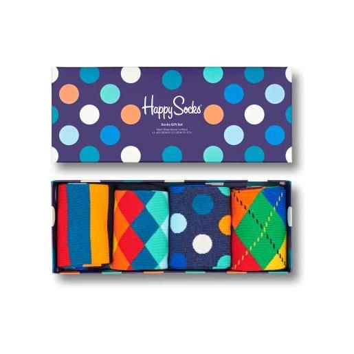 Happy Socks 4-pack big dot box, colorati e divertenti, calzini per uomo e donna, blu-verde-arancia-rosso-bianco-giallo (36-40)