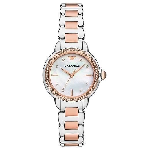 Emporio Armani orologio da donna, movimento a tre lancette, orologio in acciaio inossidabile con cassa da 32 mm, argento/oro rosa (2t silver/rose)