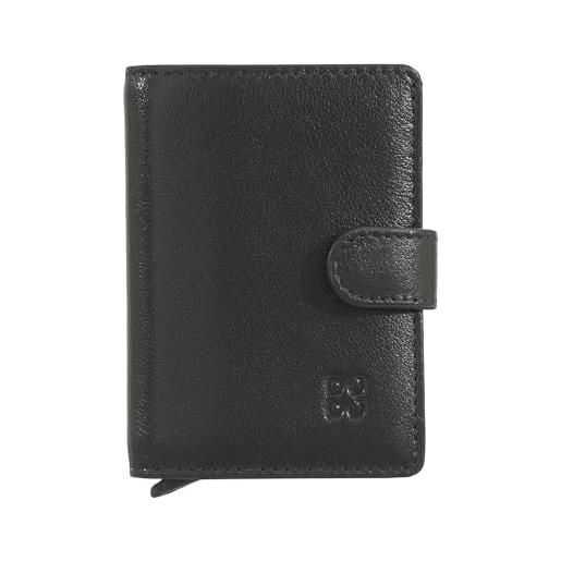 DuDu portafoglio portacarte uomo in pelle protezione rfid, piccolo miniwallet con cardprotector in alluminio, porta banconote e chiusura a bottone nero