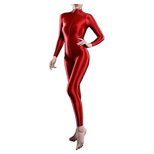 Yaaapiy tuta da donna per tutto il corpo, tuta da yoga, tuta intera e semitrasparente, body aderente e sexy, con chiusura lampo (rosso)