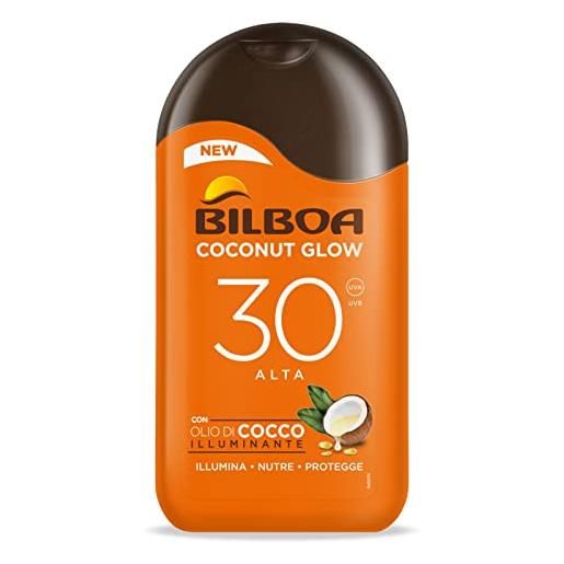 Bilboa, latte solare coconut glow spf 30, crema solare con olio di cocco e vitamina e, leggera sulla pelle, protezione solare resistente all'acqua, 200 ml
