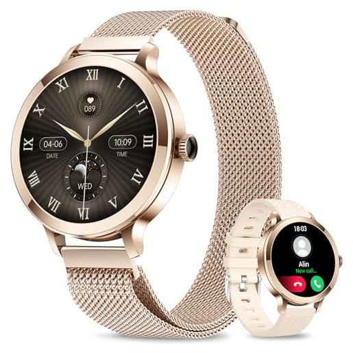 niolina smartwatch donna chiamate bluetooth 5.2, 1.106 amoled piccolo orologio smart watch con 100+ modalità sport, 24 ore cardiofrequenzimetro spo2 sonno fitness trackert per ios android, oro rosa