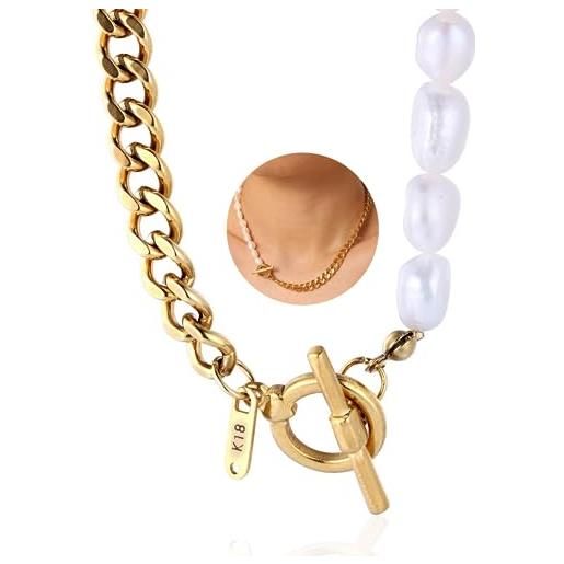 HALUKAKAH collana mezza perla mezza catena per donne - tide - catena cubana in oro 14k riempita 45cm, perle barocche naturali d'acqua dolce di colore bianco, regalo per lei