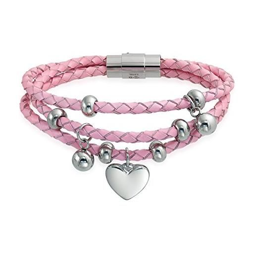 Bling Jewelry charms cuore penzolante rosa triplo filo intrecciato bracciale in pelle per le donne per la fidanzata in acciaio inox