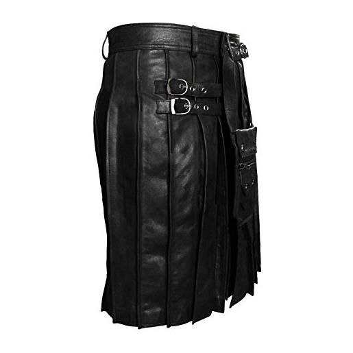 Leather Addicts mens vera pelle nera bella piega utility kilt & sporran nero 40w x 20l
