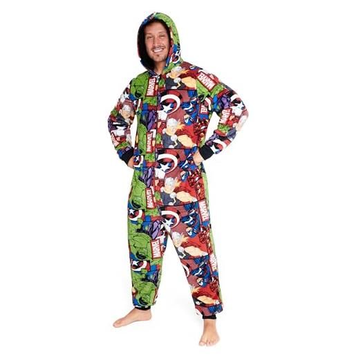 Marvel pigiama intero uomo - caldo pigiamone in pile con cappuccio s-3xl - pigiami invernali interi gadget Marvel regalo (multicolore Marvel aop, l)