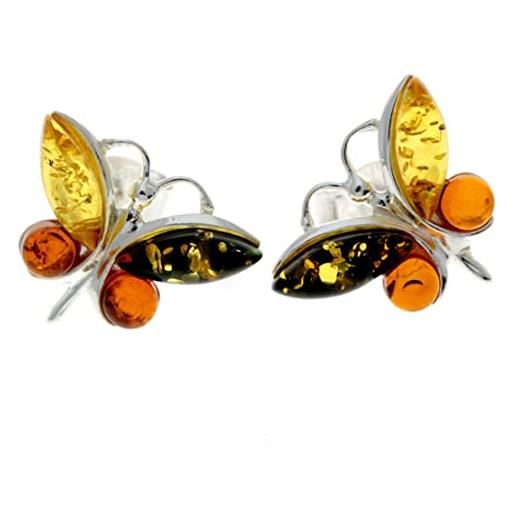 SilverAmber Jewellery orecchini in vero ambra baltica e argento sterling 925 a forma di farfalla, 8494, argento sterling, ambra