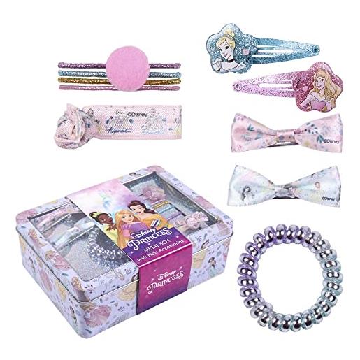 CARTOON accessori per capelli principessa, disney, 10 pezzi, elastici, mollette, pinze, scatola regalo in latta