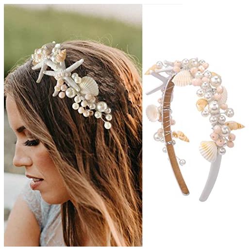 Unicra cerchietto per capelli da sposa e spiaggia con stella marina, accessorio per capelli con perle e fiori, per donne e ragazze (a)