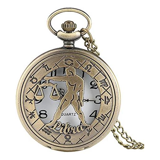 GIPOTIL 12 constellation astrology zodiac retro pocket watch bronze necklace pendant mens women hollow flip cover quartz christmas gifts, libra