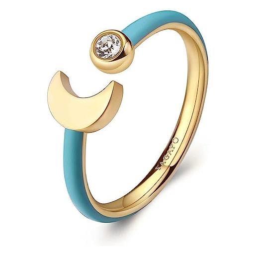 S'AGAPÕ anello di s'agapò della collezione vibes, realizzato in acciaio e pvd oro, con smalto turchese e cristallo bianco e con il simbolo di una luna. La referenza è svb71. 