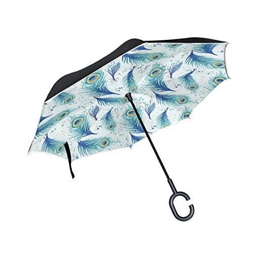 Hengpai - ombrello con piume di pavone invertite verso l'interno e fuori, antivento, a prova di uv, doppio strato per le donne