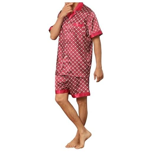Qtinghua pigiama da uomo in raso di seta a maniche corte, top e pantaloncini, 2 pezzi, classico con bottoni, abbigliamento estivo, rosso, s