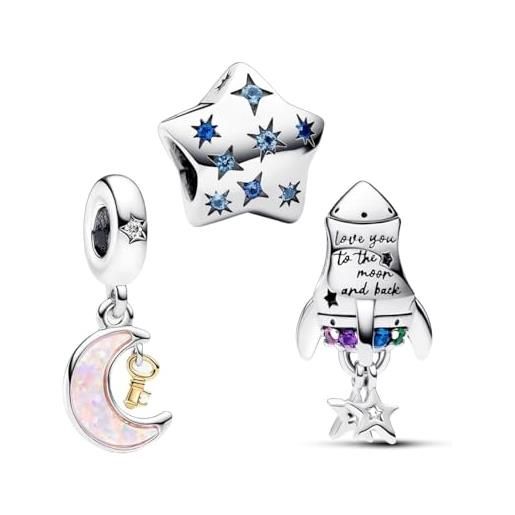 TCZNAF ciondolo moon&stars&rocket charm pendant compatibile per bracciali europei festa della compleanno e san valentino gifts da donna