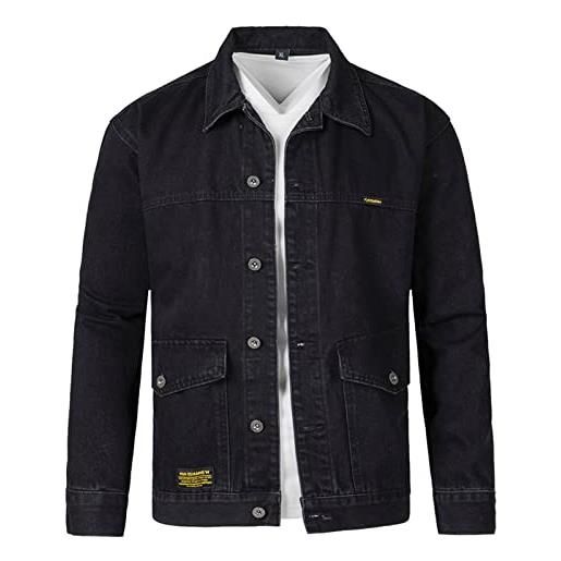 PODOLIXIA giacca di jeans da uomo a maniche lunghe, in denim, tinta unita, casual, con bottone, giacca cargo, nero , m