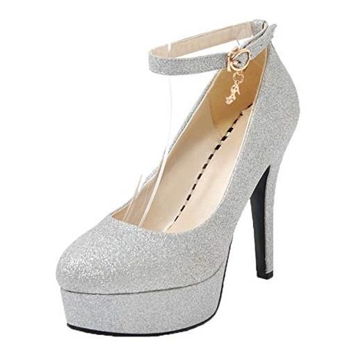 LUXMAX decolte plateau donna con tacco alto a spillo cinturino caviglia fibbia scarpe paillettes glitter eleganti (argento) - 36 eu