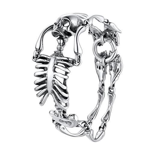 U7 bracciale scheletro completo teschio osso ossa cranio in acciaio inox placcato platino, grande scheletro braccialetto, stile gotico punk rock, gioielli da uomo, 20 cm, argento