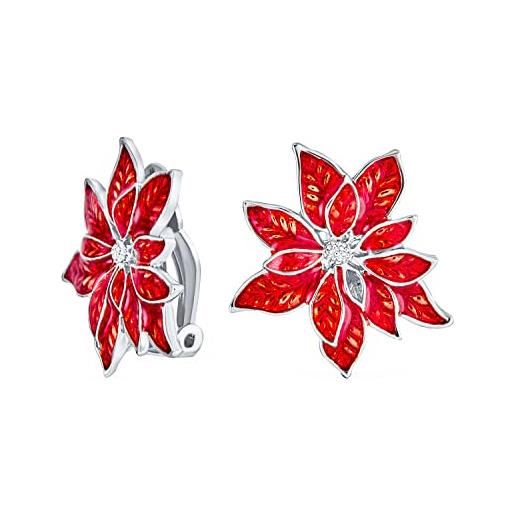 Bling Jewelry festa di natale orecchini a clip a forma di fiore poinsettia con smalto rosso per donne senza fori - bordo placcato in argento