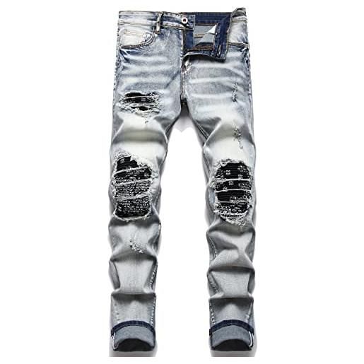 Liuhond skinny slim fashion uomo strappato fori diritti hip hop biker jeans elastico, 6606blu, 46