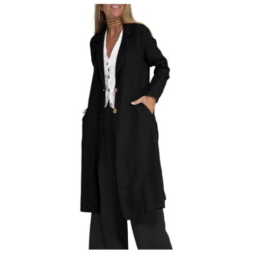 shownicer trench da donna estivo cappotto lungo in cotone e lino casual manica lunga cappotto leggero trenchcoat con tasche a nero xxl