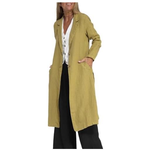 shownicer trench da donna estivo cappotto lungo in cotone e lino casual manica lunga cappotto leggero trenchcoat con tasche a verde xl