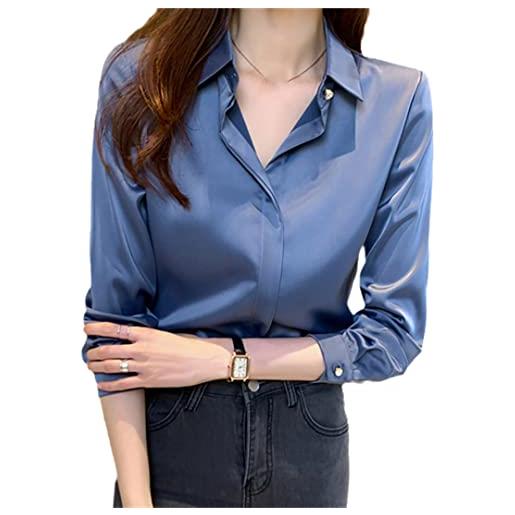Byblos camicie estive in seta con scollo a v sottili per donna camicette a maniche lunghe camicia in raso camicia da donna in seta solida da ufficio blue s