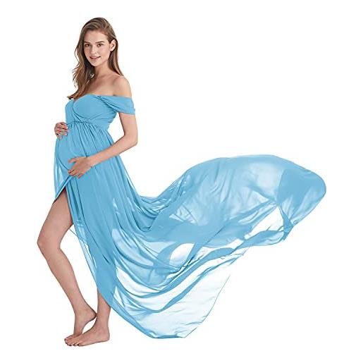 AYMENII maternità off spalla chiffon fotografia abito split anteriore maxi vestito per photoshoot festa di nozze baby shower, azzurro, s