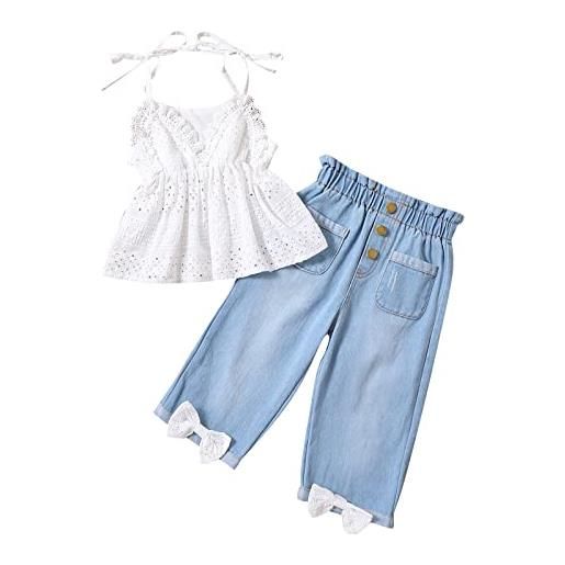 Generico summer toddler girls senza maniche in pizzo con volant top jeans body abiti a due pezzi maglia 10 anni femmina (b7-white, 2-3 years)