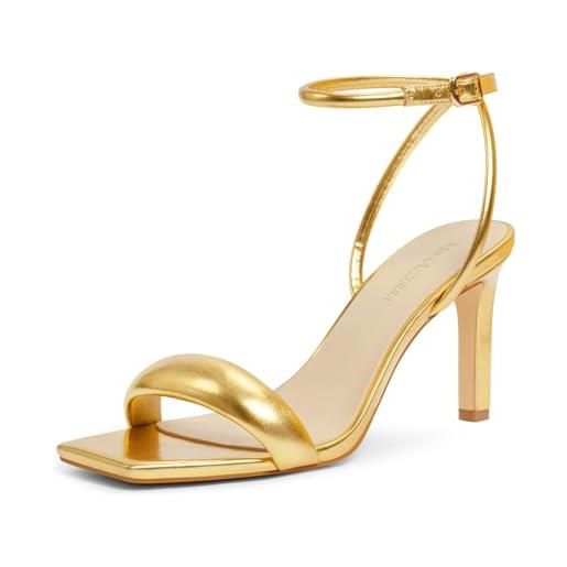 MIRAAZZURRA sandali da donna con cinturino con tacco alto quadrato a punta aperta con cinturino alla caviglia per abiti da festa, gold, 39 eu