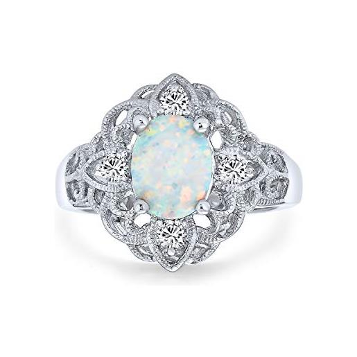 Bling Jewelry stile vintage cubic zirconia ornate filigree oval flower white created opal boho full finger ring. 925 sterling silver