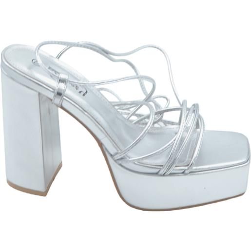 Malu Shoes sandali donna laminato argento con plateau tacco largo lacci alla schiava comodi punta quadrata tacco 10