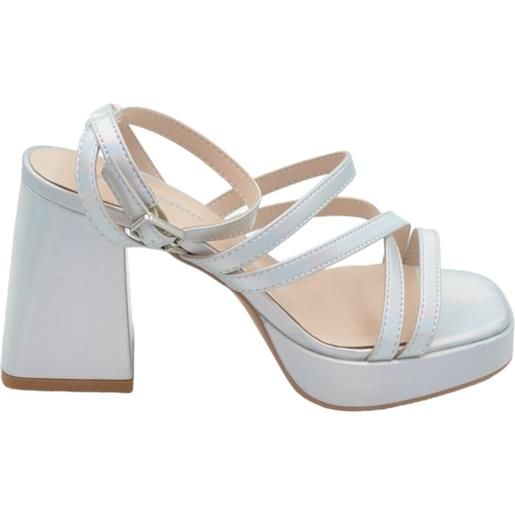 Malu Shoes sandali donna laminato argento con plateau tacco largo chiusura regolabile alla caviglia comodi punta quadrata tacco 9