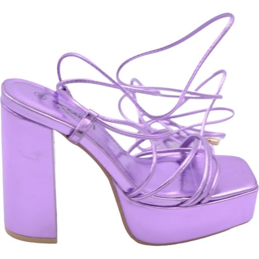 Malu Shoes sandali donna laminato viola con plateau tacco largo lacci alla schiava comodi punta quadrata tacco 10