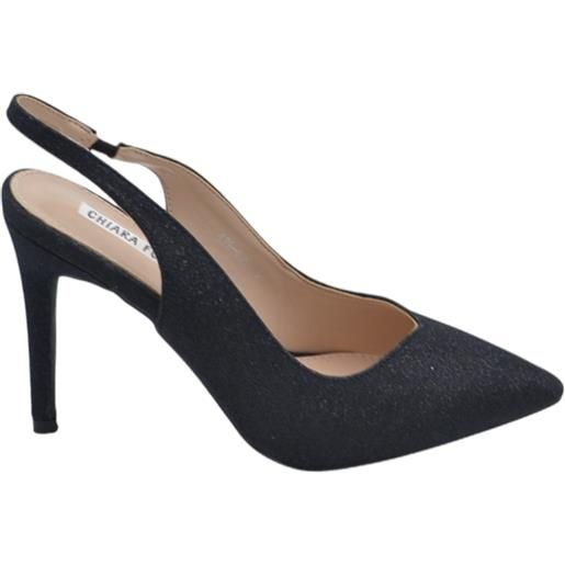 Malu Shoes decollete scarpa donna slingback a punta in tessuto satinato nero tacco clessidra 12 cm cinturino tallone glamour moda