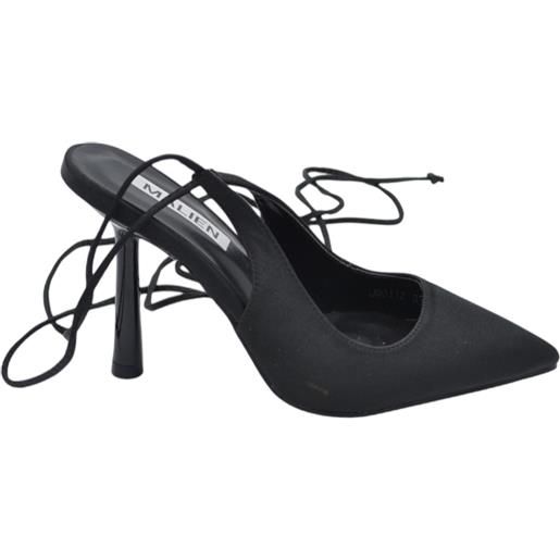 Malu Shoes decollete a punta donna in raso nero tallone scoperto allacciatura alla schiava con lacci tacco sottile 12 cm moda