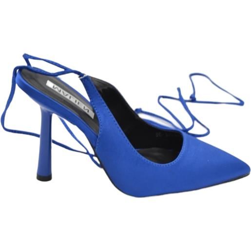 Malu Shoes decollete a punta donna in raso blu tallone scoperto allacciatura alla schiava con lacci tacco sottile 12 cm moda