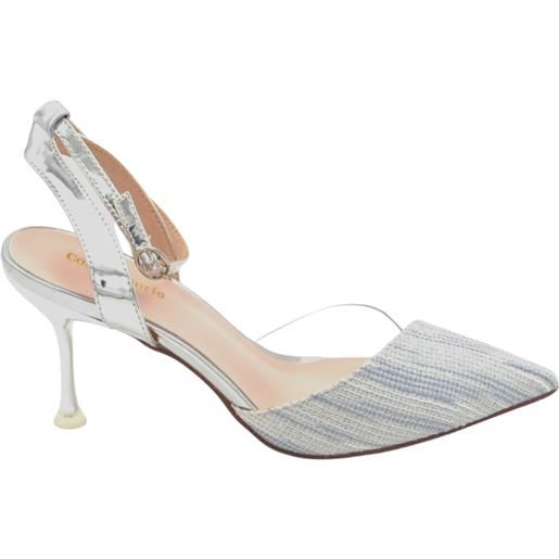 Malu Shoes decollete scarpa donna slingback a punta in tessuto satinato argento con fascia trasparente tacco sottile 9 cm cinturino