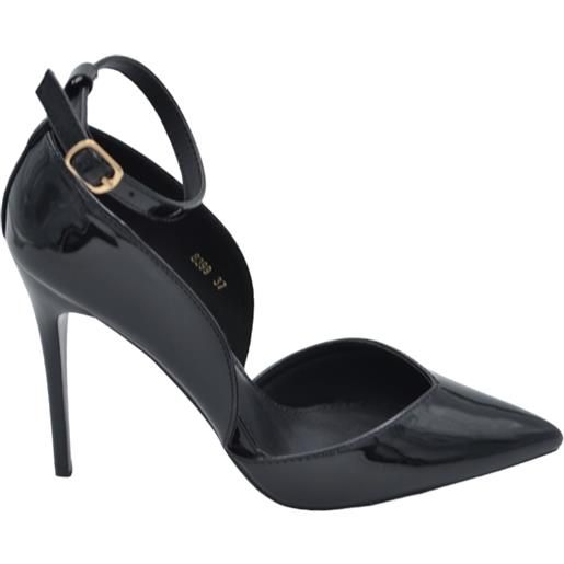 Malu Shoes decolette' donna in pelle lucida nera con punta tacco sottile 12 cm cinturino alla caviglia regolabile scollo laterale