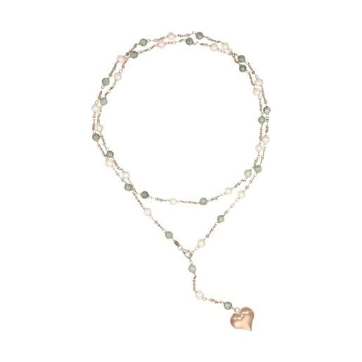 ECLETTIKA, collana in argento 925 - placcata oro rosa con perle e pietre naturali - giada verde/grigia - perla bianca di fiume - cuore lucido bombato