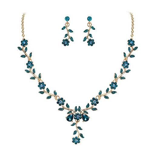 Clearine matrimonio gioielli set foglia cluster fiore cristalli ciondolo collana orecchini pendenti set per sposa blu topazio oro-fondo