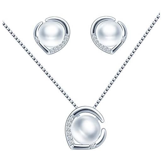 CPSLOVE collana e orecchini di perla da donna, parure di gioielli in argento 925, eleganti collane ciondolo di perle, orecchini di perle a cuore, zircone intarsiato