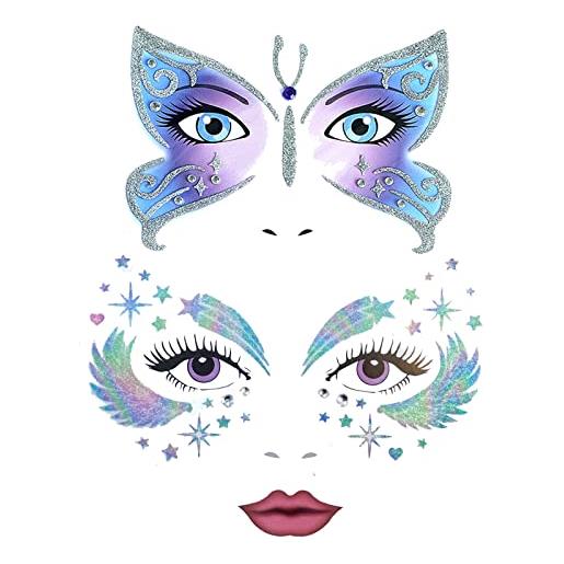 Nirbffo adesivi per il viso con farfalla, ali di stelle, flash, resistenti ai fiori, per la pittura del corpo, decorazione temporanea del viso, 2 pezzi