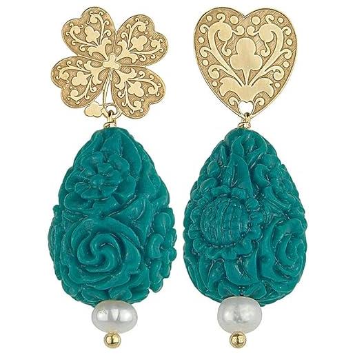 Lebole Gioielli collezione gotico caratteri mobili cuore quadrifoglio orecchini da donna in argento petrolio