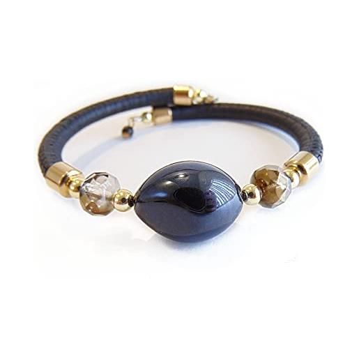VENEZIA CLASSICA - bracciale da donna con perla in vetro di murano originale e vera pelle toscana, collezione gloria (black)