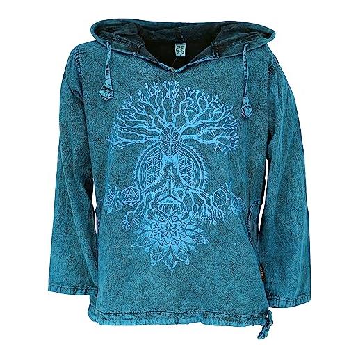 GURU SHOP stonewash hoodie, festival shirt, uomo, cotone, camicie alternative abbigliamento, blu, xl
