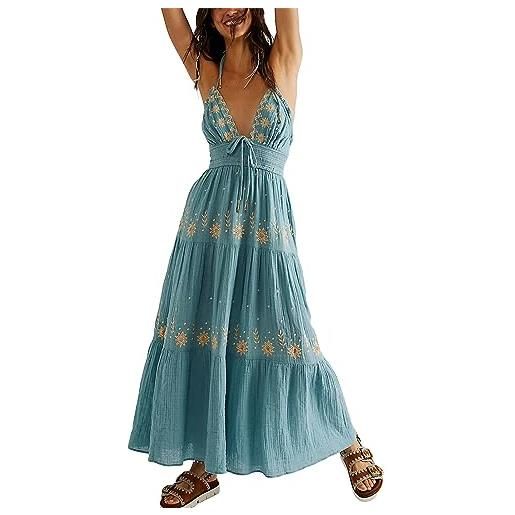 FeMereina abito da spiaggia da donna con allacciatura sulla schiena scoperta, scollo all'americana con volant e scollo a v, maxi abito lungo a strati, bianco, m