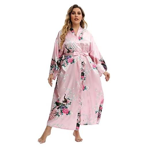 feslieacc vestaglia lunga da donna in raso, taglie forti, in seta, kimono, pavone | rosa, xx-large-3x-large