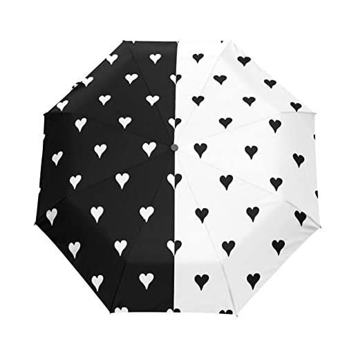 generic acpiggto - ombrello pieghevole automatico con cuori a pois a righe, nero, bianco, da viaggio, sole, pioggia, compatto, leggero, antivento, per donne e uomini, color1935